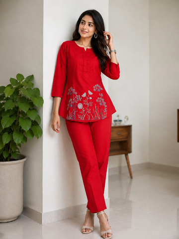 Floral Embroidery Straight Kurti Pant Set