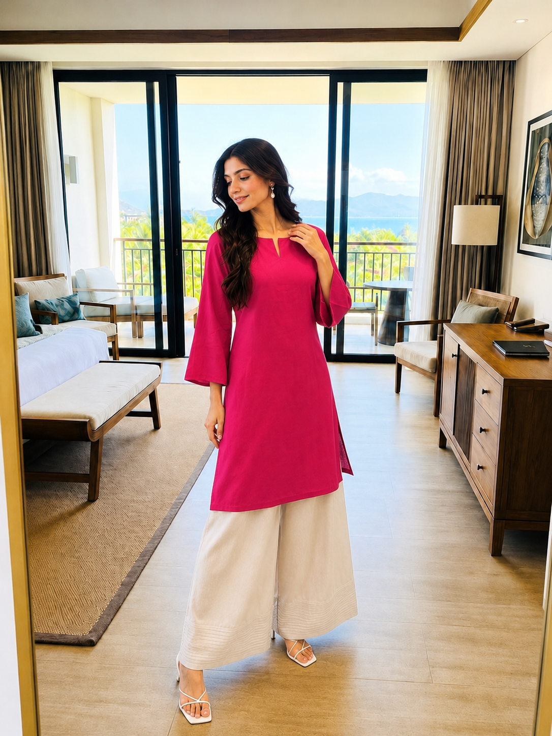 Women's Solid Pink Straight Kurta with White Palazzo Set