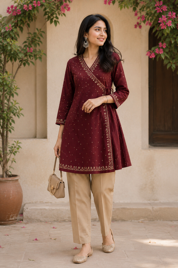 Zariya Wine Angrakha Style Kurti