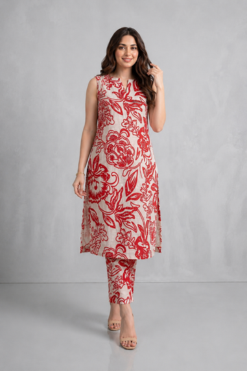 Premium Floral Printed Co-Ord Set in Beige and Red