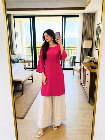 Women's Solid Pink Straight Kurta with White Palazzo Set
