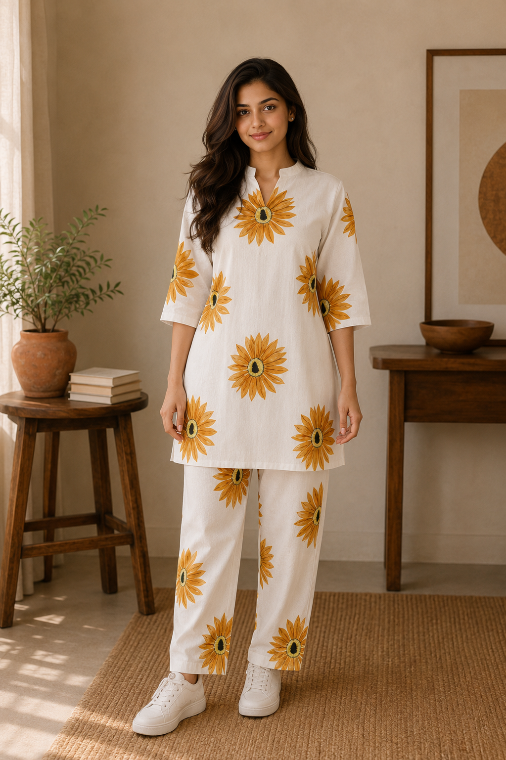 Sunflower Print Cotton Co-Ord Set with Straight Pants