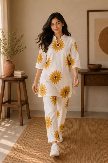 Sunflower Print Cotton Co-Ord Set with Straight Pants