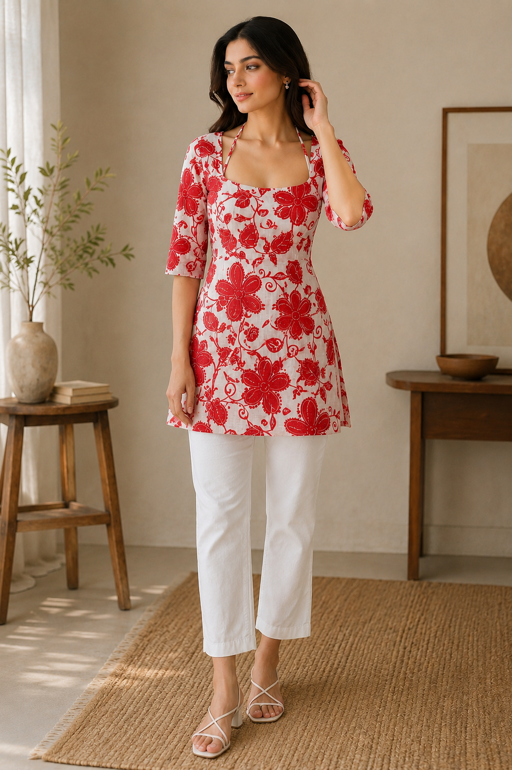 Women's Red Floral Print A-Line Short Kurti Top