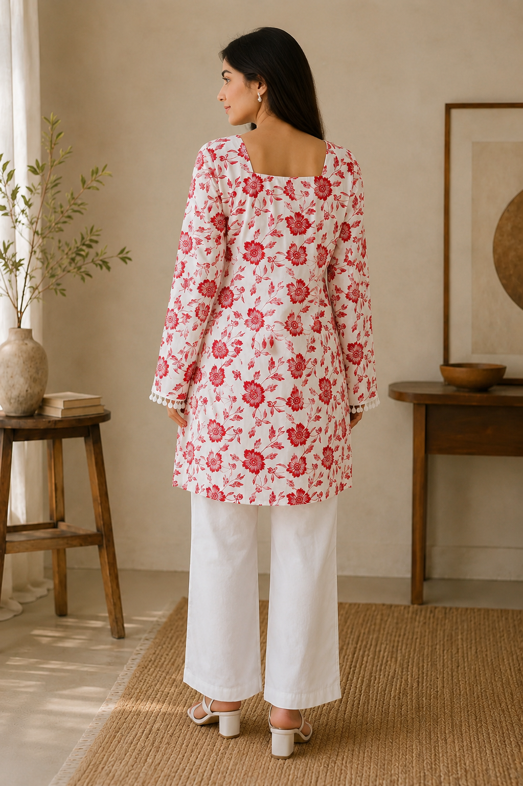 Red Floral Kurti Palazzo Set for Women