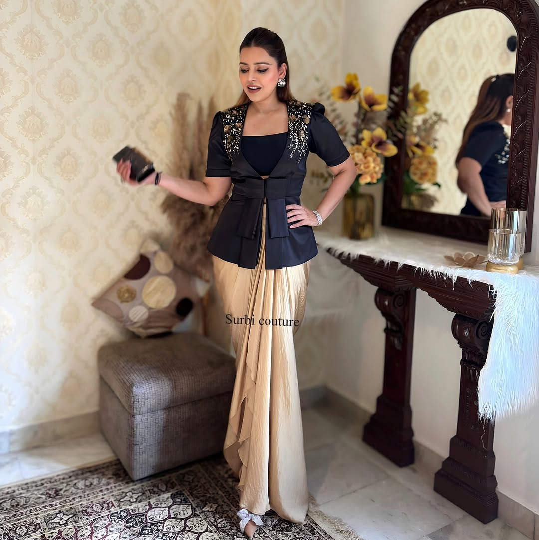 Elegant Black Embroidered Blazer Jacket with Dhoti Skirt – Party Wear Set