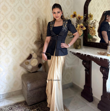 Elegant Black Embroidered Blazer Jacket with Dhoti Skirt – Party Wear Set