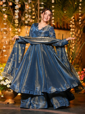 Designer NC Vichitra Silk Anarkali Suit with Plazzo & Embroidered Dupatta