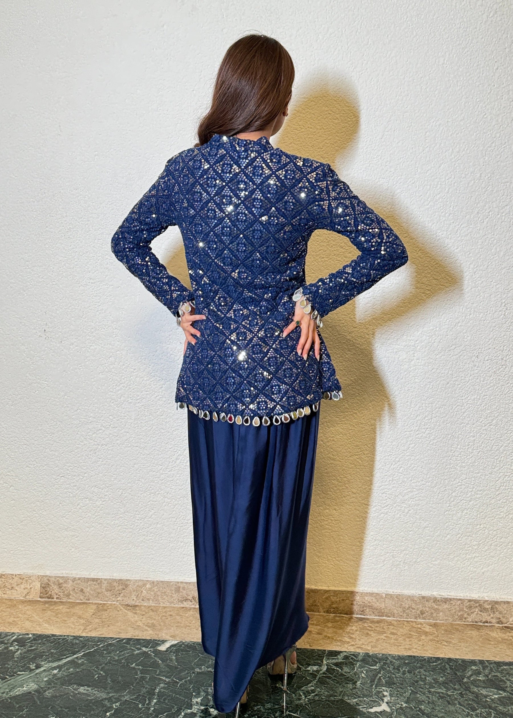 "Back view of Satin Silk dhoti skirt with graceful digital prints and festive flair"

