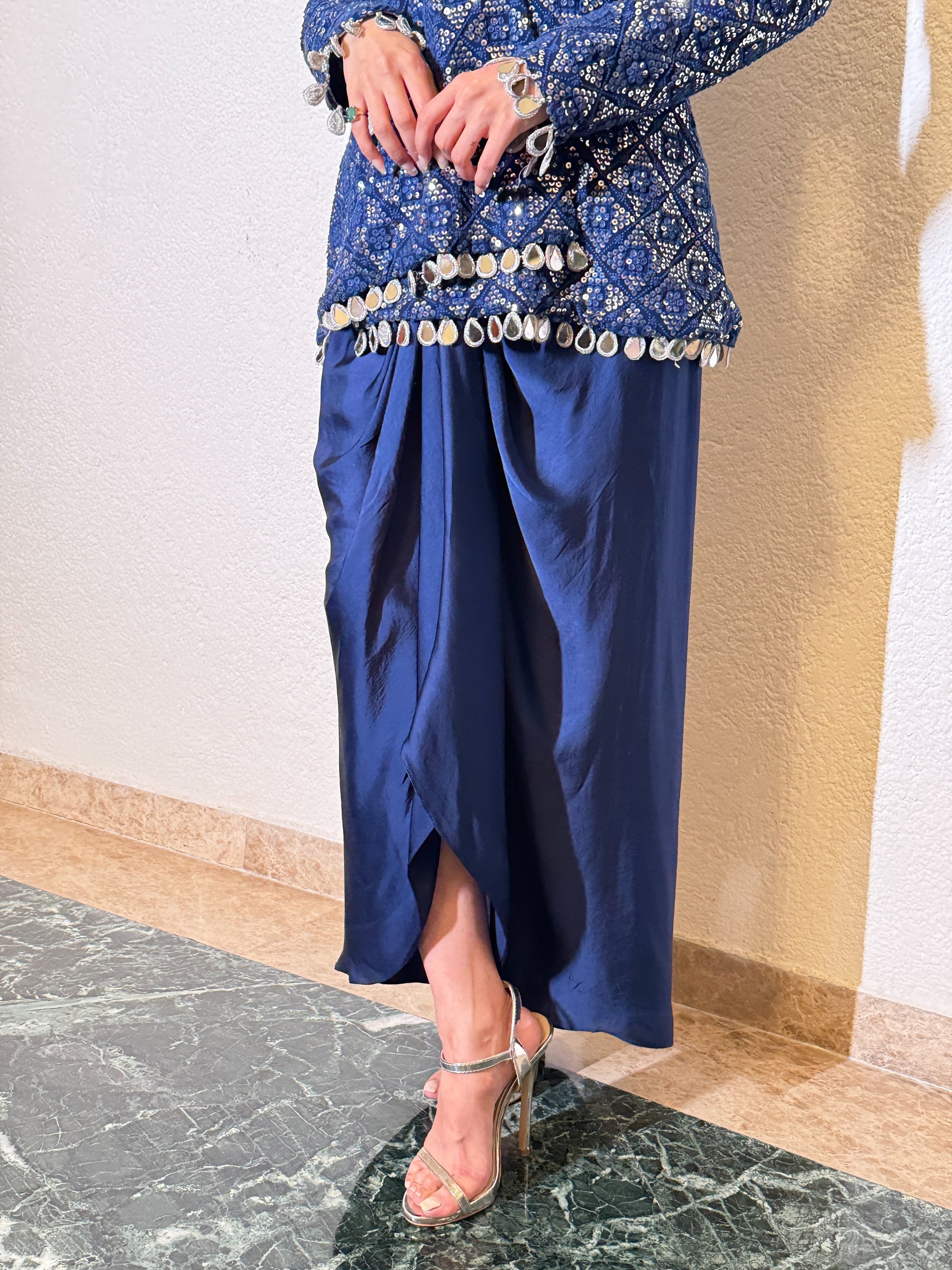 "Close-up of digital print details on Satin Silk dhoti skirt for a modern ethnic look"
