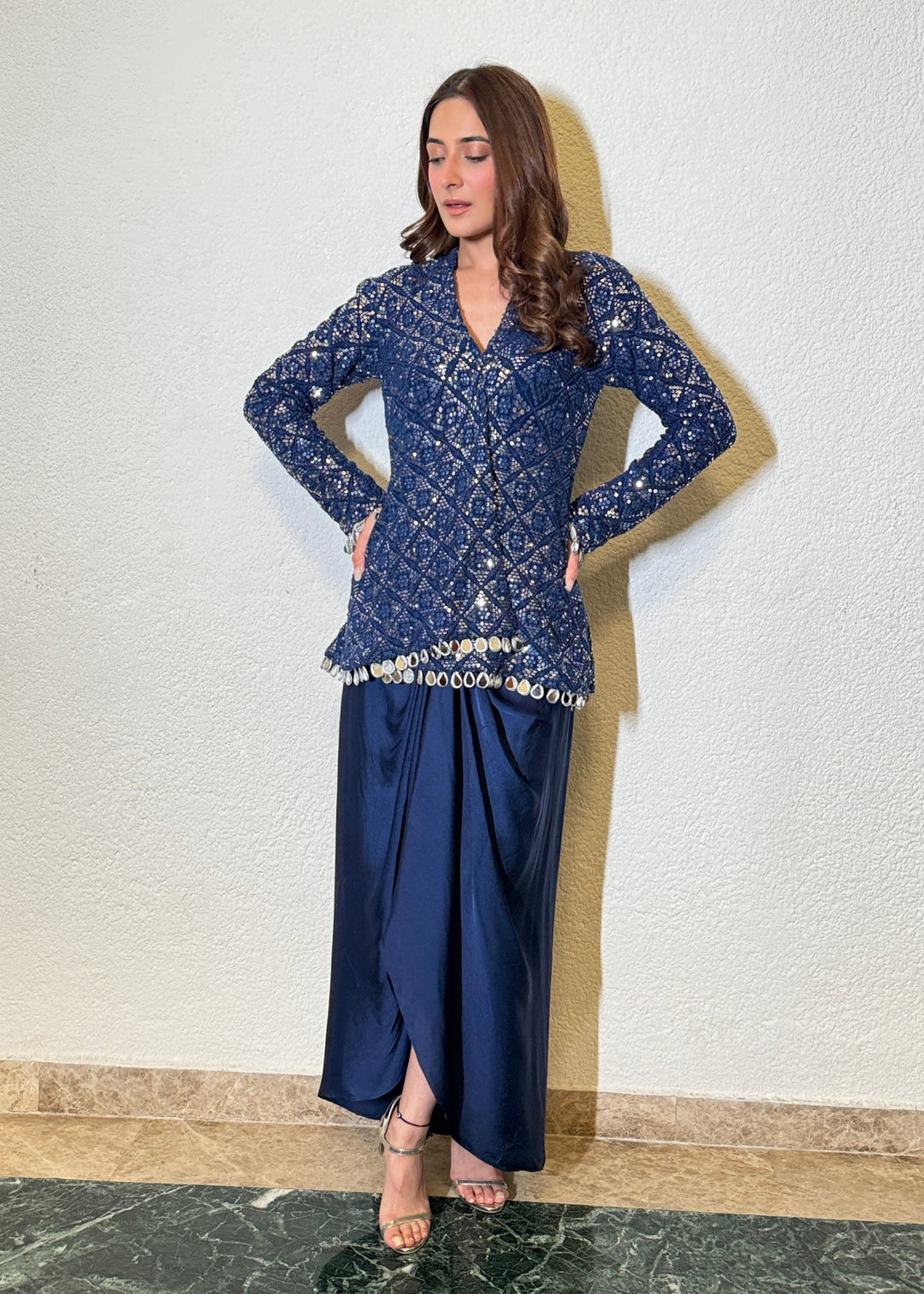 "Designer satin silk dhoti skirt with rich digital prints and foil embroidery"
