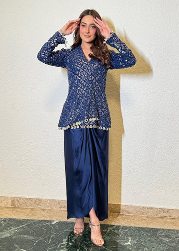"Elegant Chinon Silk Jacket Dhoti Skirt Set with thread embroidery and mirror lace"
