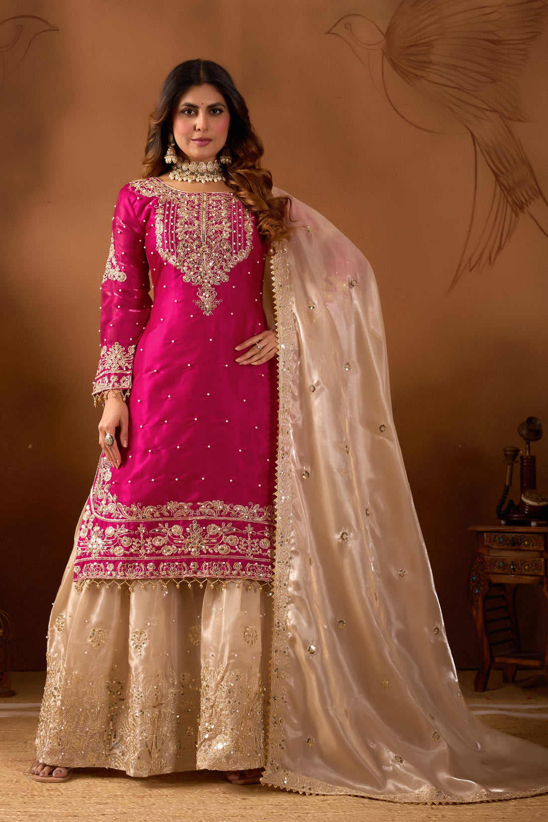 Designer Silk Top, Palazzo and Dupatta Set with Heavy Coding Dori and Sequin Work