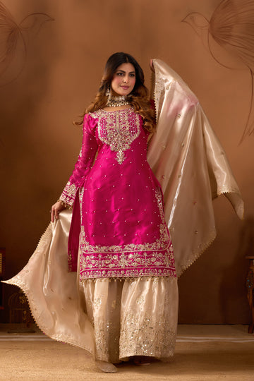 Designer Silk Top, Palazzo and Dupatta Set with Heavy Coding Dori and Sequin Work