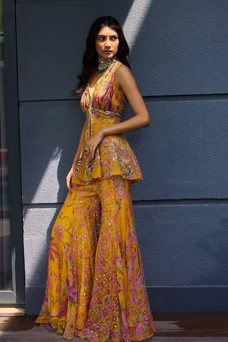 Kesar Yellow Organza & Georgette Hand Embroidered Top, Sharara & Dupatta
