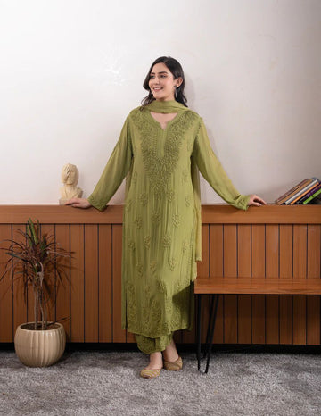 Premium Thread Work Faux Georgette Ethnic Wear Kurta Palazzo Set
