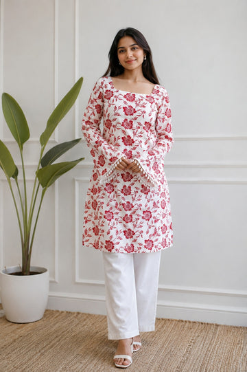 Red Floral Kurti Palazzo Set for Women