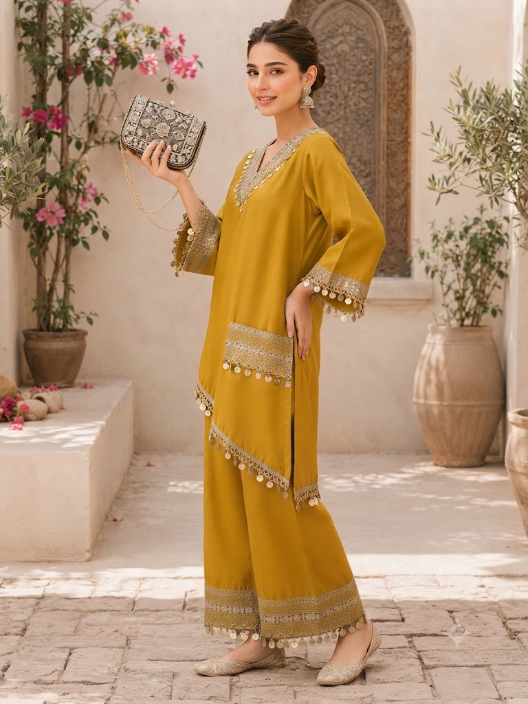 Mustard Elegance V-Neck Kurta Palazzo Set