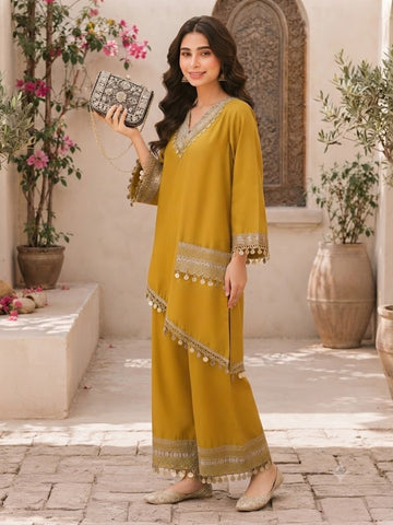 Mustard Elegance V-Neck Kurta Palazzo Set