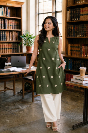 Olive Green Heart Print Straight Kurta Set