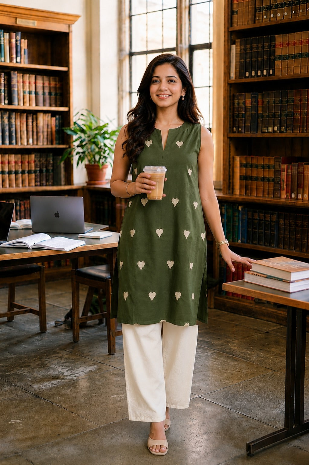 Olive Green Heart Print Straight Kurta Set