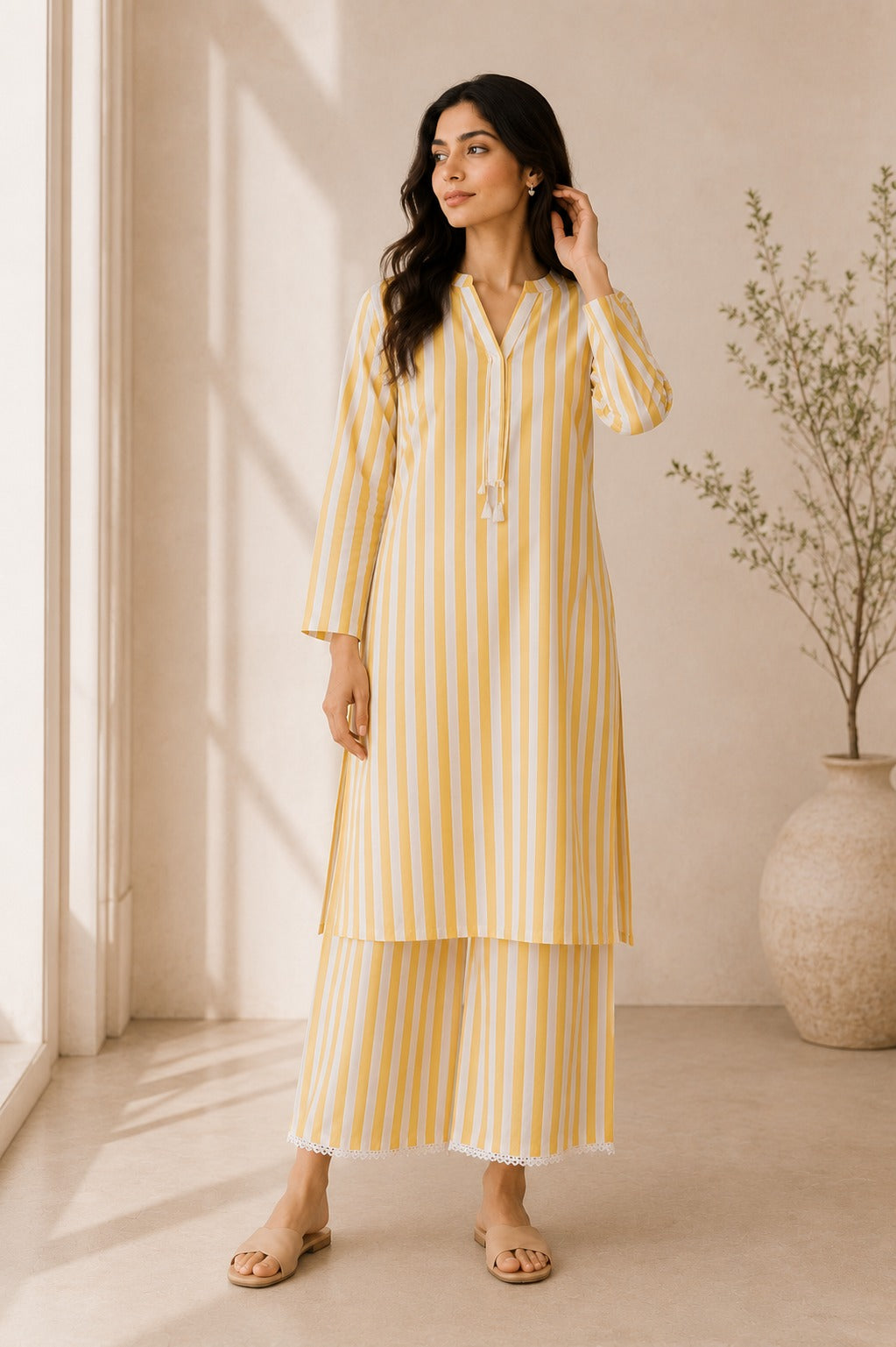 Golden Stripe Straight Kurta with Palazzo