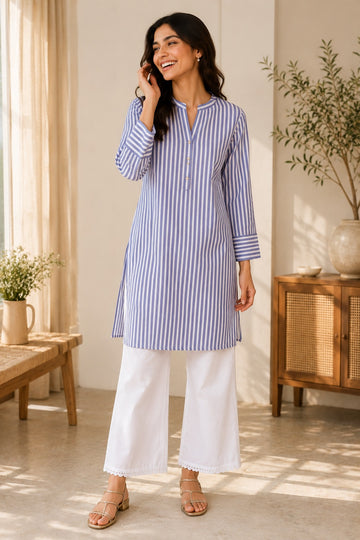 Classic Blue Straight Kurta with Palazzo and Dupatta