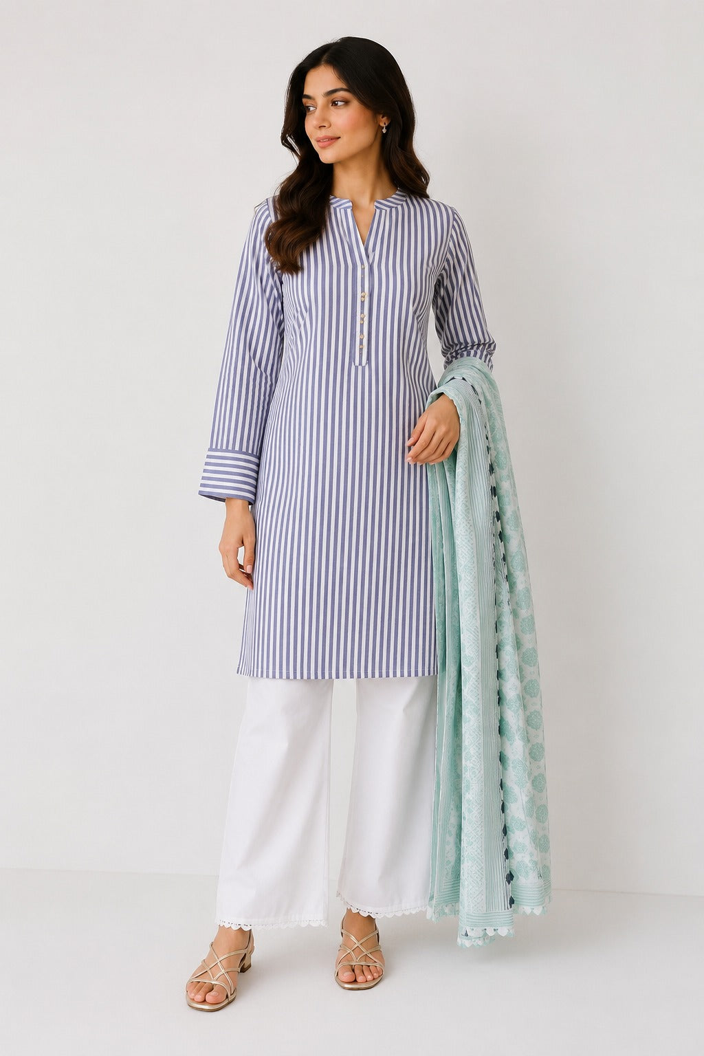 Classic Blue Straight Kurta with Palazzo and Dupatta