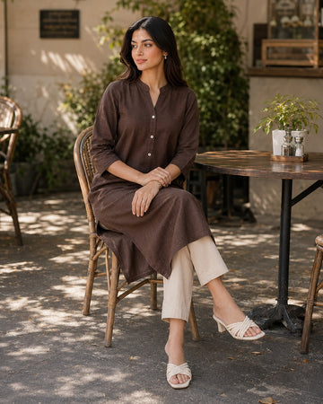 Solid Brown Straight Kurta with Off-White Cigarette Pants Set