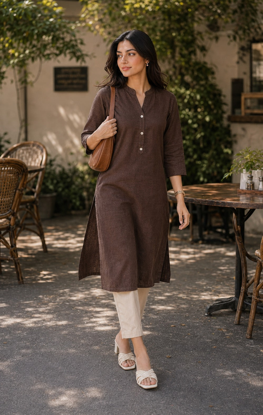 Solid Brown Straight Kurta with Off-White Cigarette Pants Set
