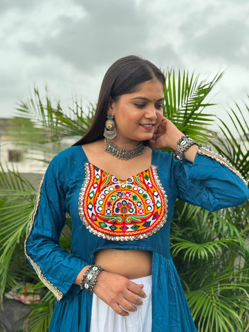 Royal Teal Festive Crop Kurti with White Sharara