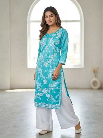Sky Blue White Floral Embroidery Kurta Set