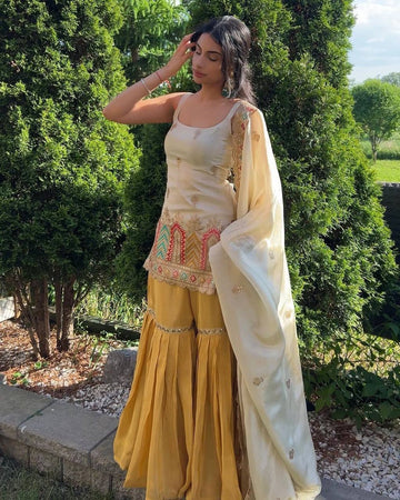 Luxury Ivory Kurta With Mustard Flared Sharara Set