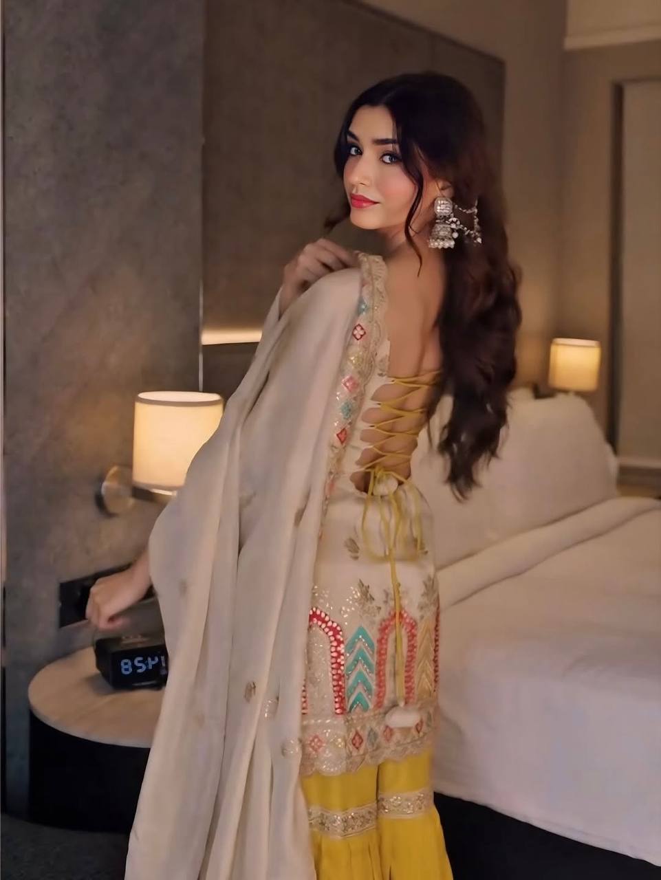 Luxury Ivory Kurta With Mustard Flared Sharara Set