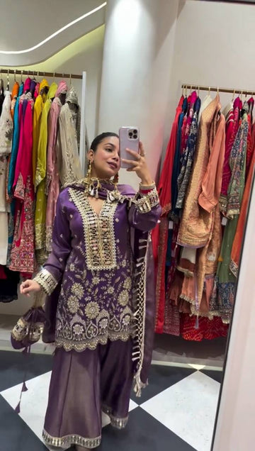 Designer Kurti Plazzo Set with Real Mirror Embroidery & Dupatta