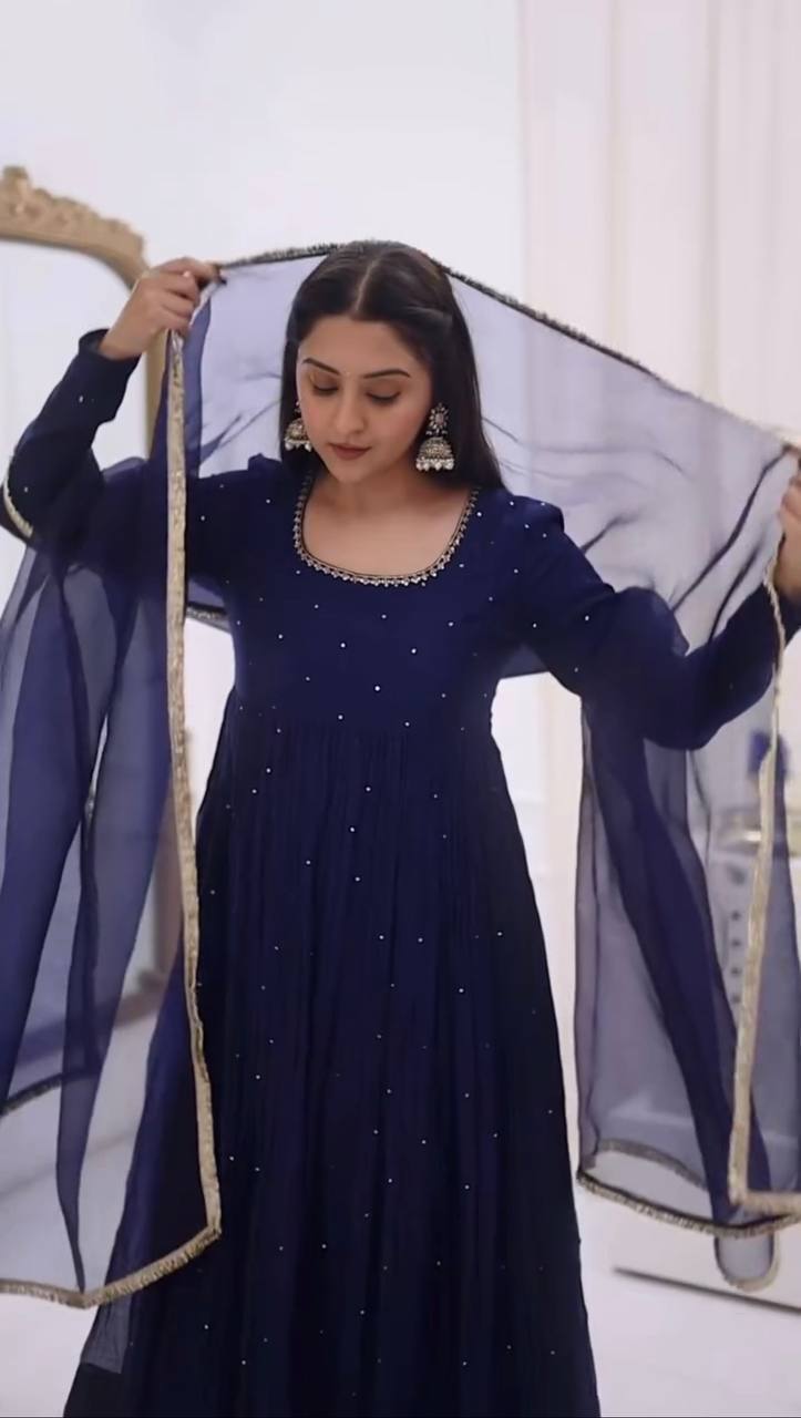 Royal Blue Embellished Anarkali Set With Dupatta
