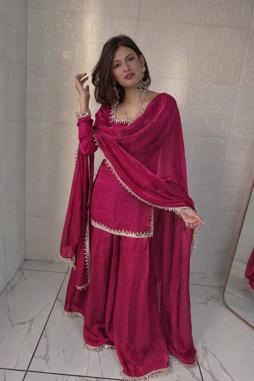 Designer Party Wear Top Palazzo Set with Mirror Work & Dupatta
