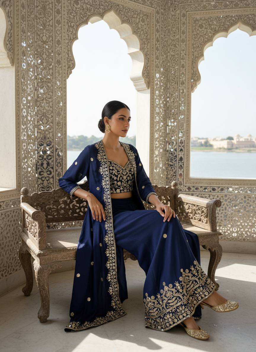Elegant Embroidered Crop Top Palazzo Ensemble