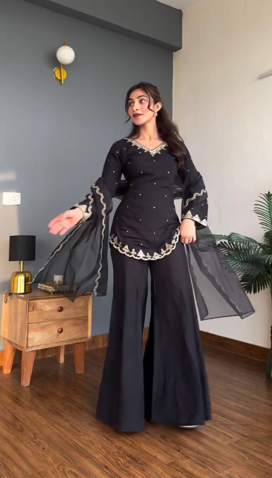 Embroidered Roman Silk Kurti Plazzo Set with Tissue Silk Dupatta