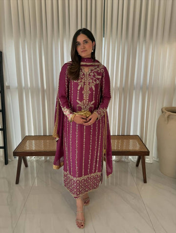 Luxe Crepe Silk Designer Embroidery Kurta Set with Pant and Dupatta