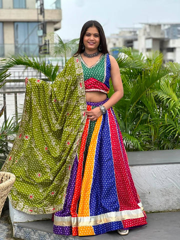 Navrang Bandhani Patchwork Lehenga Choli with Dupatta Set