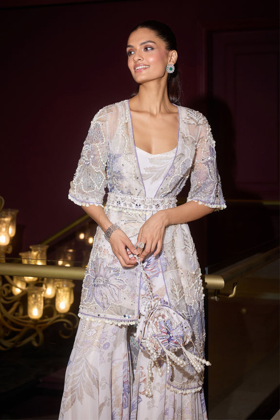 Elegant embroidered jacket with pearl work from designer Sharara set